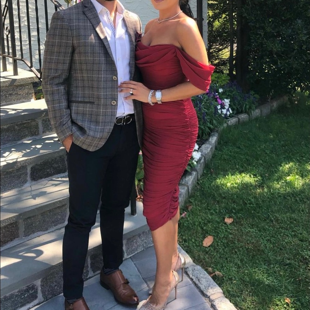 Draped off the shoulder midi dress